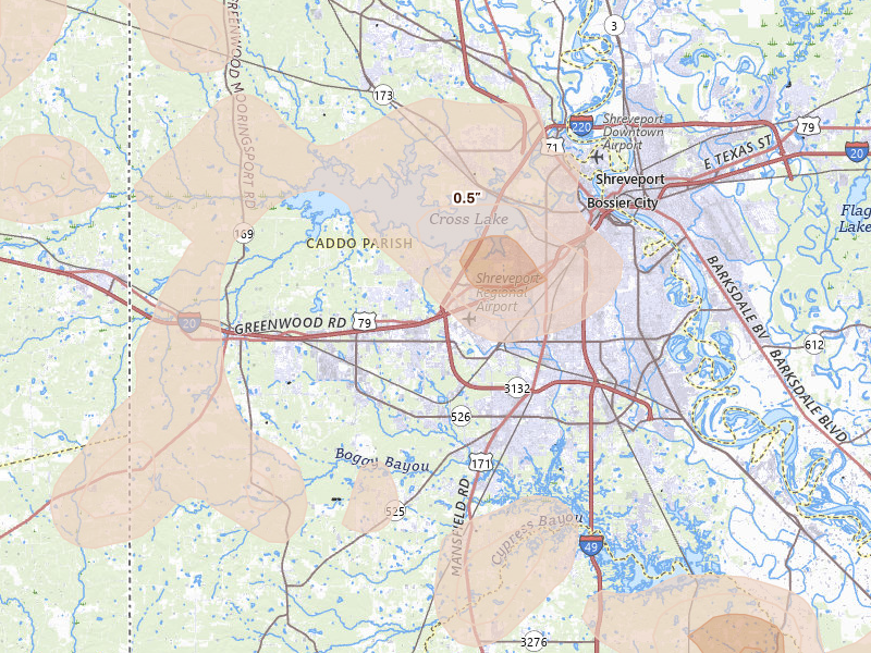 Radar-estimated hail-size map of the storm over Shreveport, LA on Jul 6, 2026