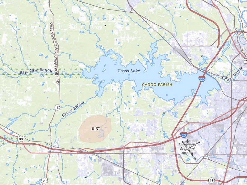 Radar-estimated hail-size map of the storm over Shreveport, LA on Aug 26, 2026