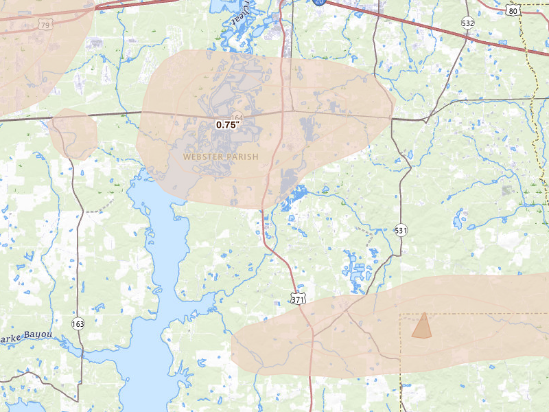 Radar-estimated hail-size map of the storm over Sibley, LA on May 8, 2026