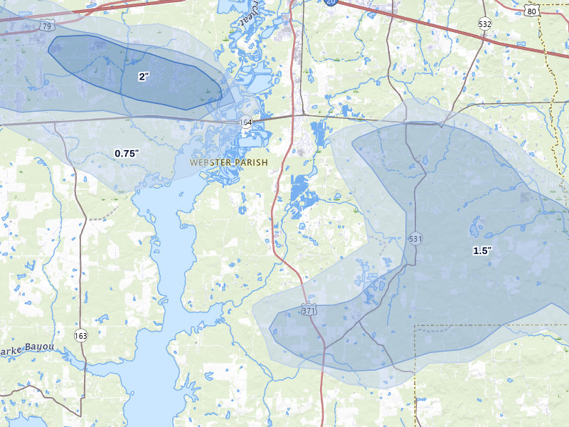 NEXRAD radar-signature map of the hail over Sibley, LA