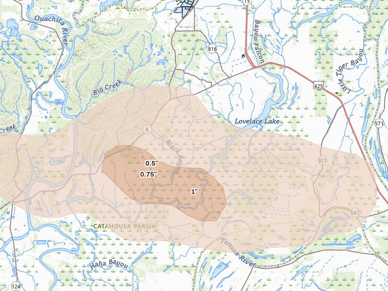 Radar-estimated hail-size map of the storm over Sicily Island, LA on Jun 1, 2026