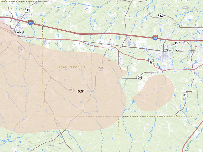 Radar-estimated hail-size map of the storm over Simsboro, LA on Mar 15, 2026