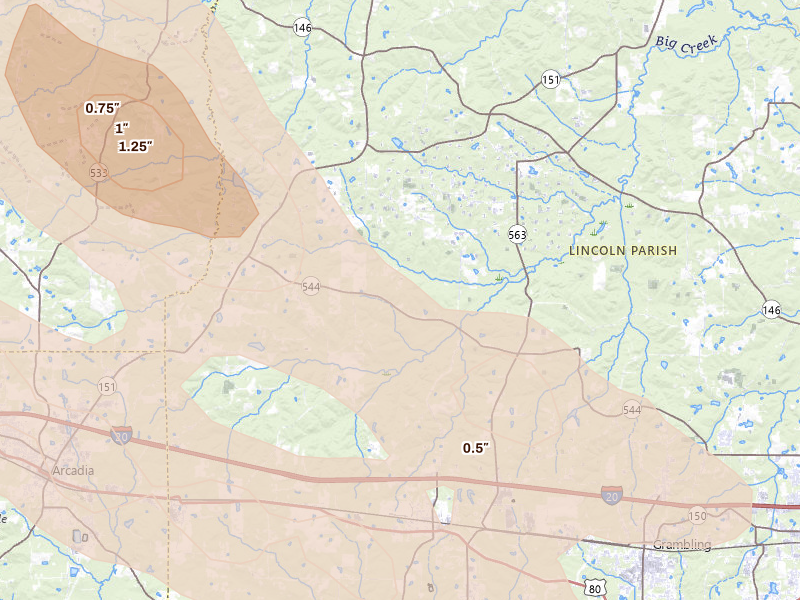 Radar-estimated hail-size map of the storm over Simsboro, LA on Apr 25, 2026