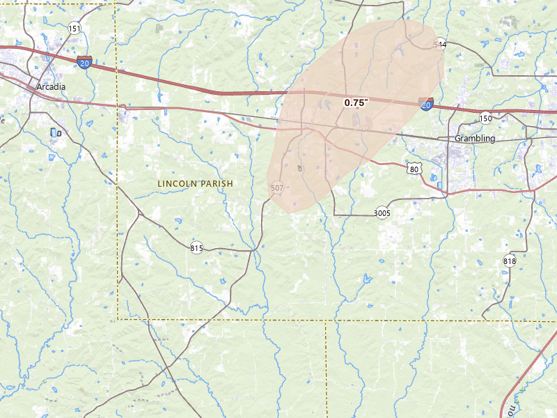 Radar-estimated hail-size map of the storm over Simsboro, LA on May 19, 2026