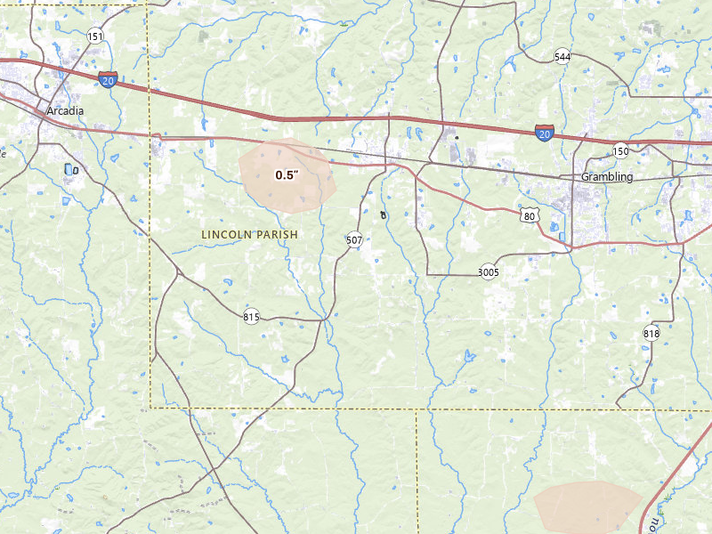 Radar-estimated hail-size map of the storm over Simsboro, LA on Jul 4, 2026