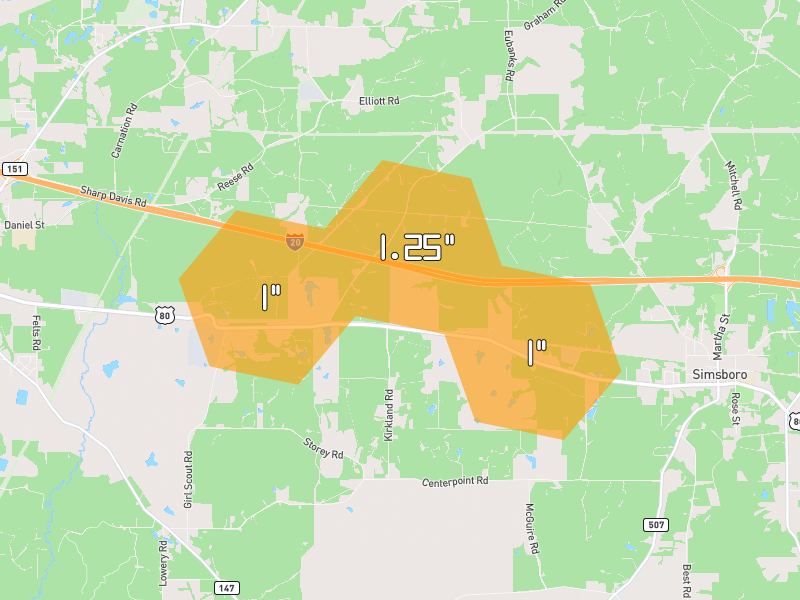 Hail map of Simsboro, LA on Jul 5, 2026, hail up to 1.25"