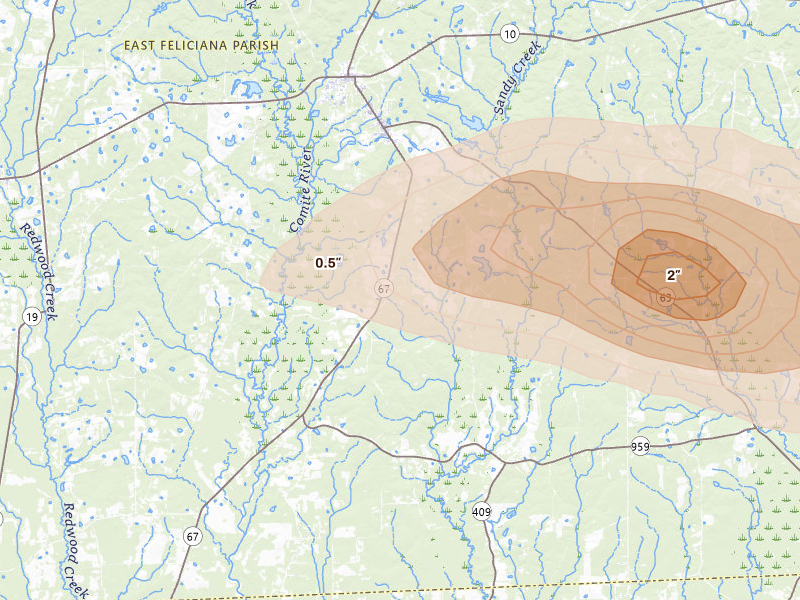 Radar-estimated hail-size map of the storm over Slaughter, LA on Mar 9, 2026