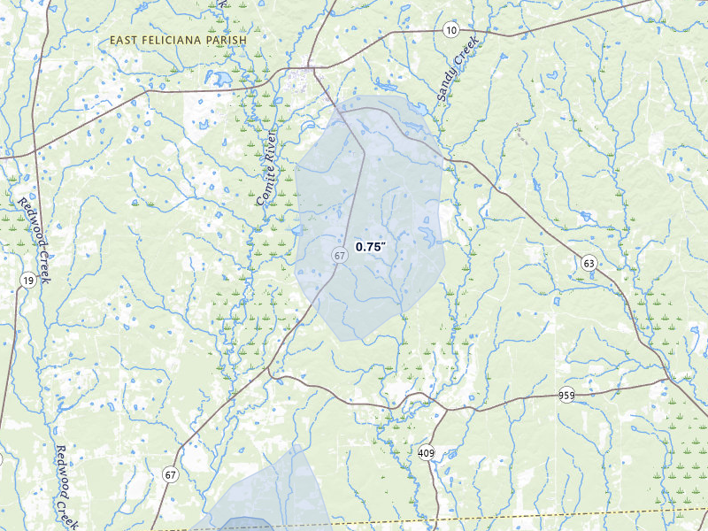 NEXRAD radar-signature map of the hail storm over Slaughter, LA on Apr 2, 2026