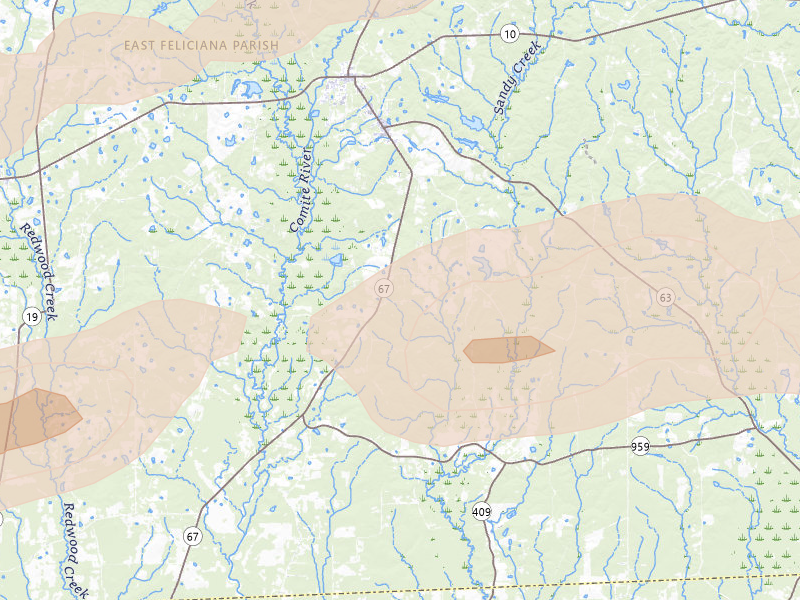 Radar-estimated hail-size map of the storm over Slaughter, LA on May 8, 2026