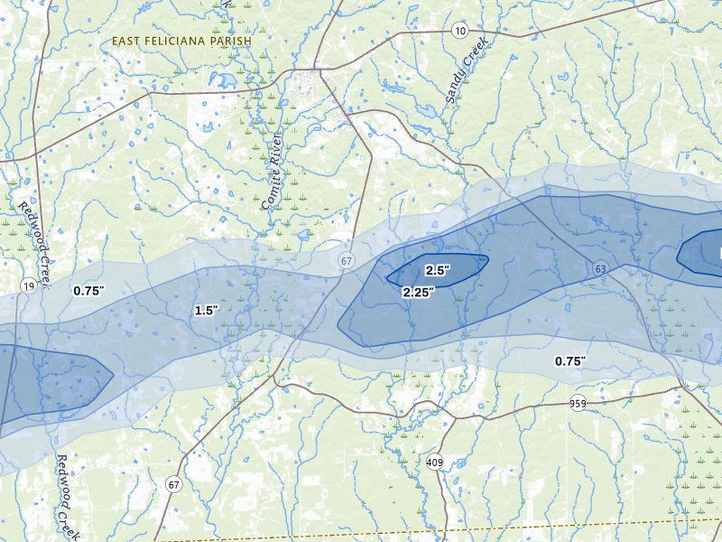 NEXRAD radar-signature map of the hail storm over Slaughter, LA on May 8, 2026