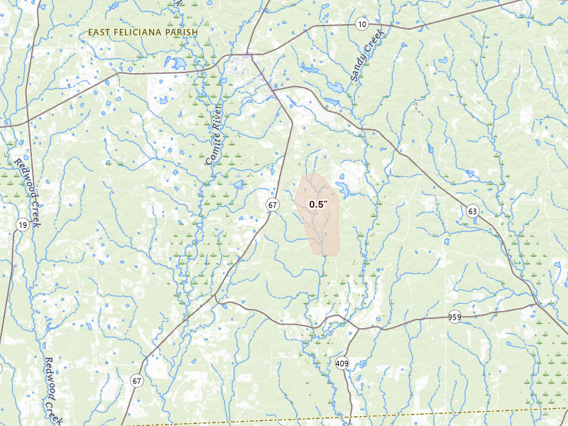 Radar-estimated hail-size map of the storm over Slaughter, LA on Jul 5, 2026