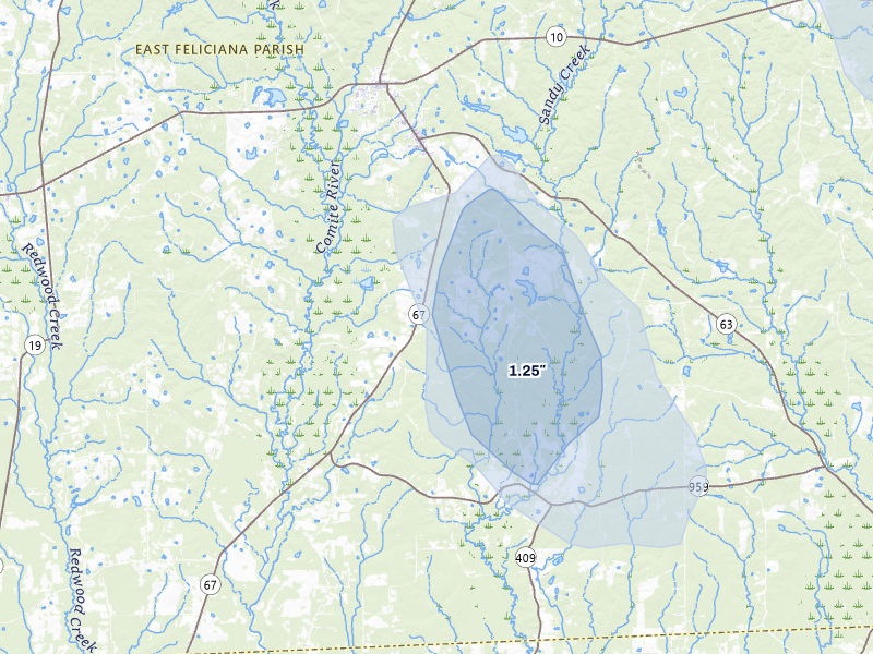 NEXRAD radar-signature map of the hail storm over Slaughter, LA on Jul 5, 2026