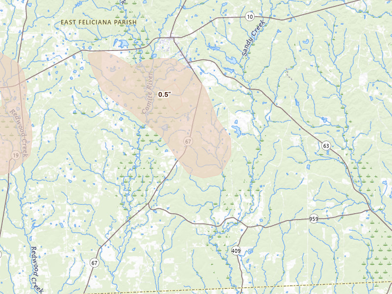 Radar-estimated hail-size map of the storm over Slaughter, LA on Aug 21, 2026
