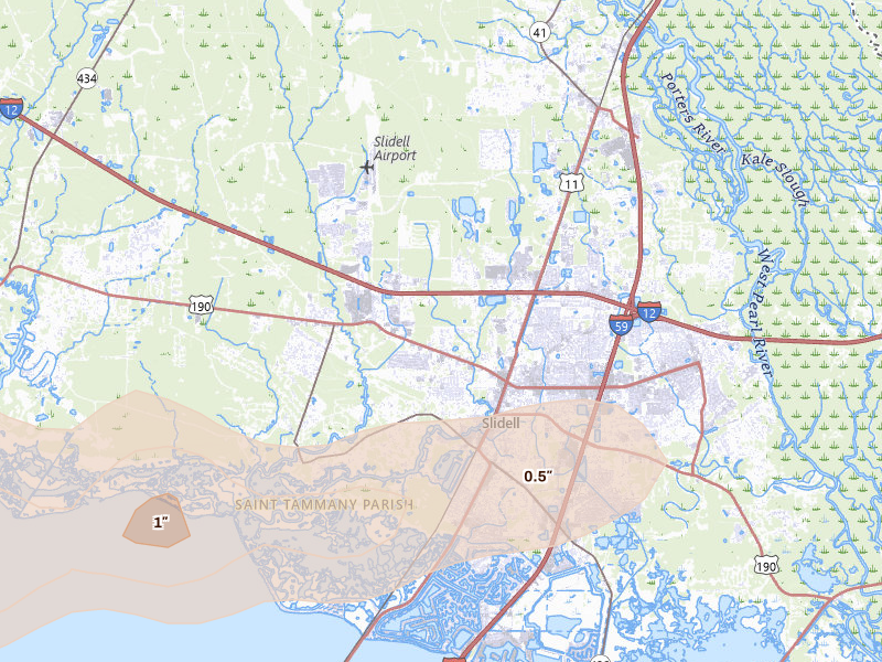 Radar-estimated hail-size map of the storm over Slidell, LA on Mar 15, 2026