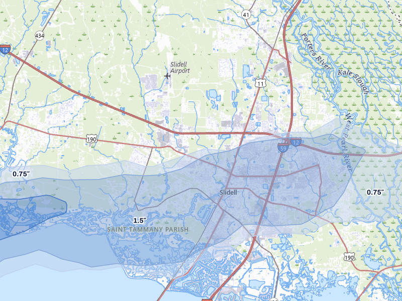 NEXRAD radar-signature map of the hail storm over Slidell, LA on Mar 15, 2026