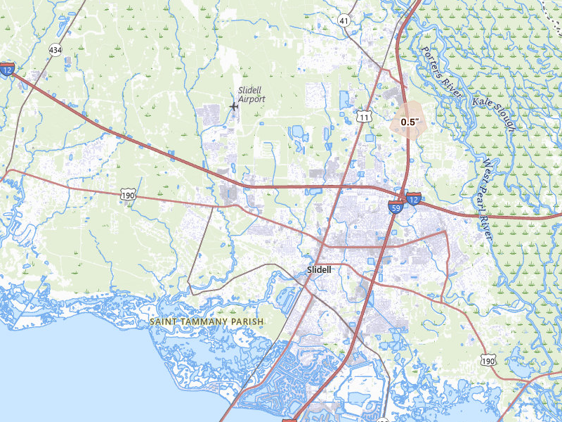 Radar-estimated hail-size map of the storm over Slidell, LA on Apr 26, 2026
