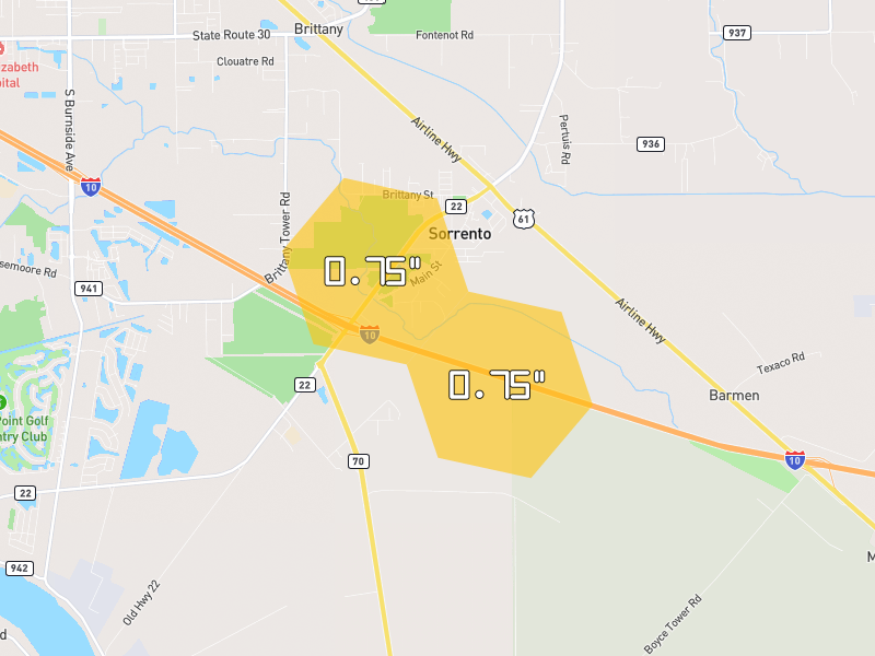 Hail map of Sorrento, LA on Jun 2, 2026, hail up to 0.75"