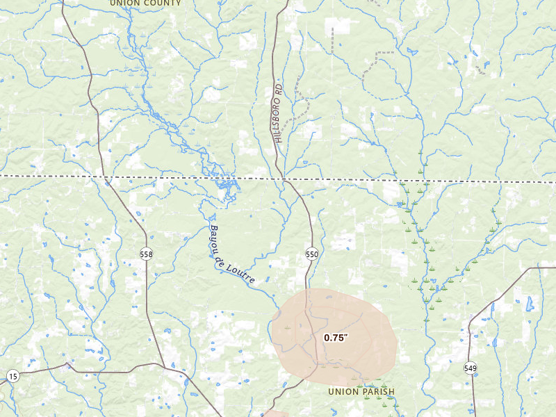 Radar-estimated hail-size map of the storm over Spearsville, LA on Jun 1, 2026
