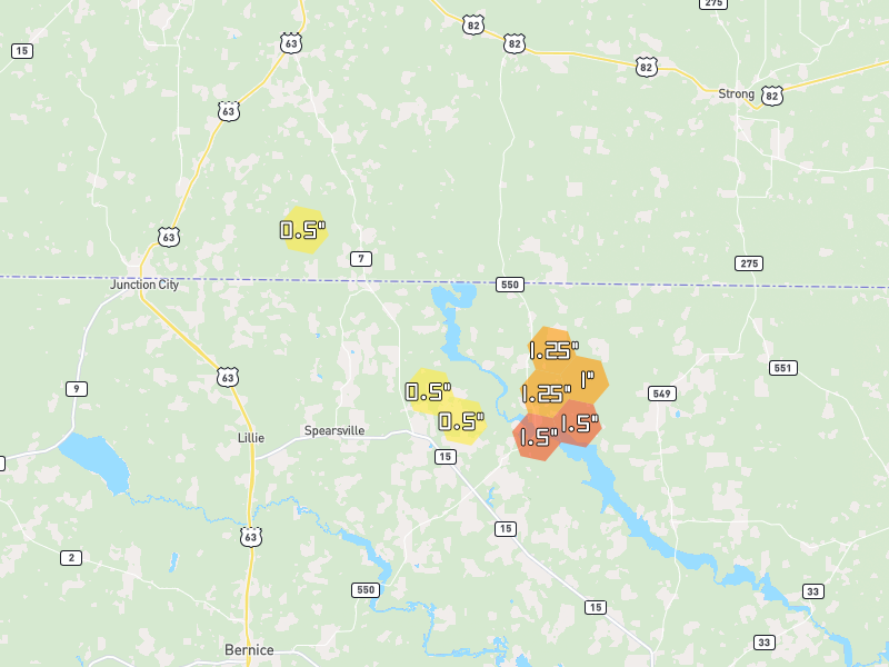 Hail map of Spearsville, LA on Jun 2, 2026, hail up to 1.5"