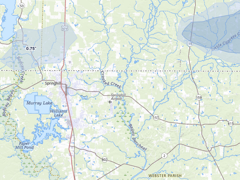 NEXRAD radar-signature map of the hail storm over Springhill, LA on Apr 24, 2026