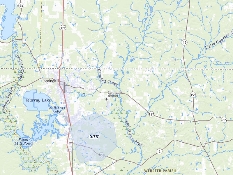 NEXRAD radar-signature map of the hail storm over Springhill, LA on May 8, 2026