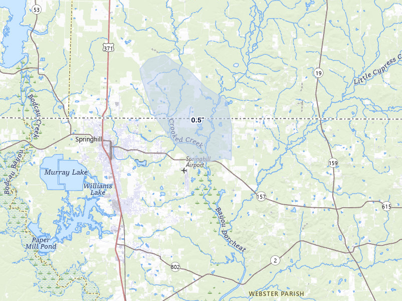 NEXRAD radar-signature map of the hail storm over Springhill, LA on Jun 2, 2026
