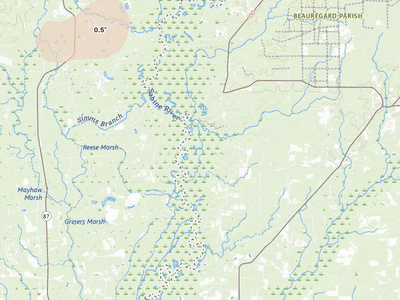 Radar-estimated hail-size map of the storm over Starks, LA on Jul 1, 2026