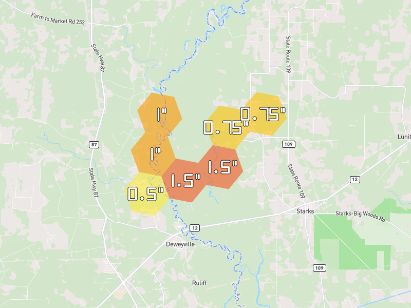 Hail map of Starks, LA on Jul 1, 2026, hail up to 1.5"