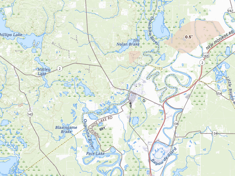 Radar-estimated hail-size map of the storm over Sterlington, LA on Apr 24, 2026