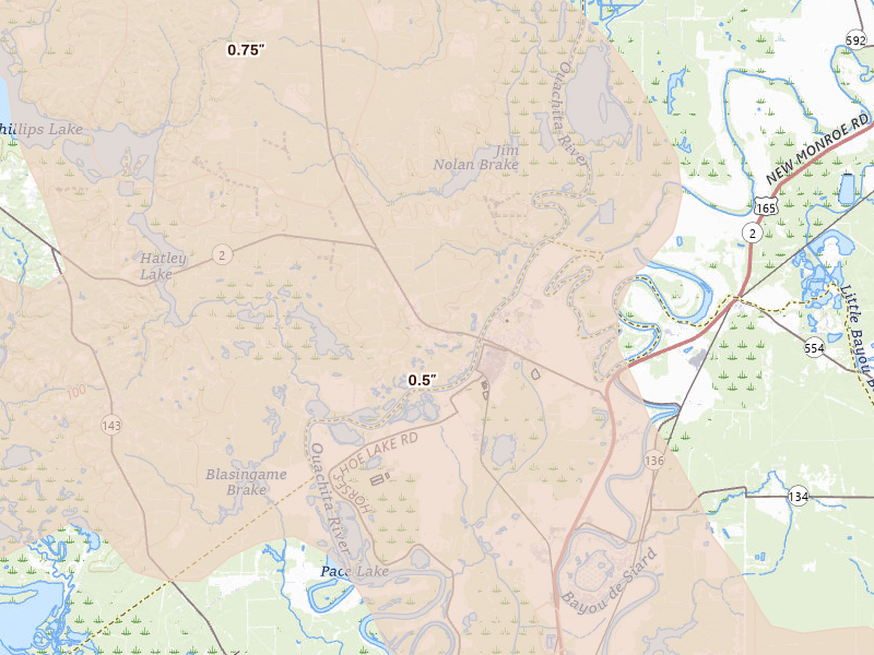 Radar-estimated hail-size map of the storm over Sterlington, LA on Apr 25, 2026