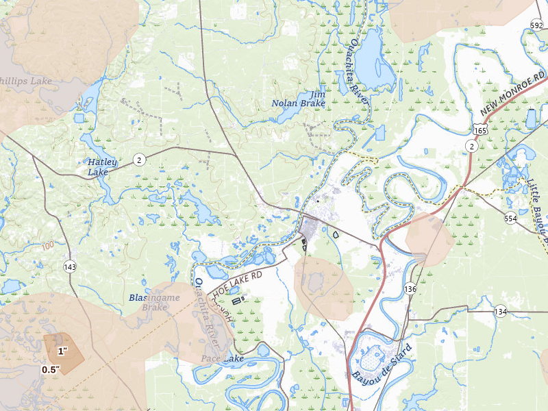 Radar-estimated hail-size map of the storm over Sterlington, LA on Apr 28, 2026