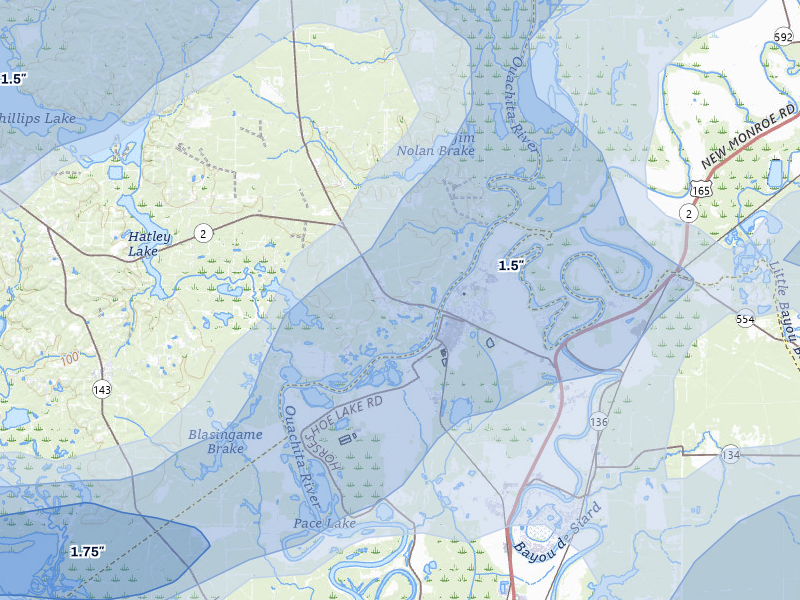 NEXRAD radar-signature map of the hail over Sterlington, LA