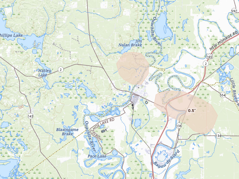 Radar-estimated hail-size map of the storm over Sterlington, LA on Jun 1, 2026