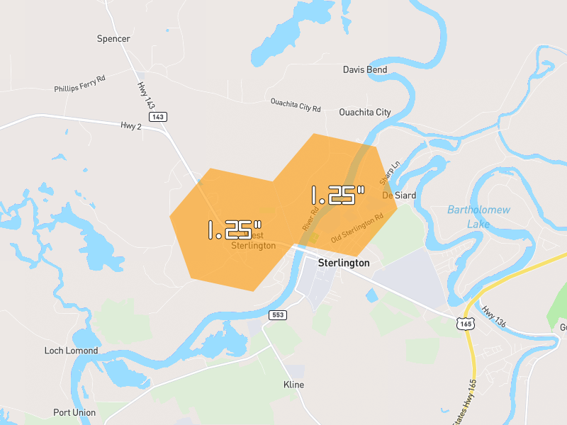 Hail map of Sterlington, LA on Jun 2, 2026, hail up to 1.25"