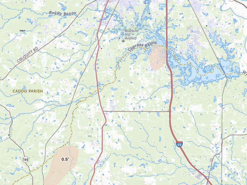 Radar-estimated hail-size map of the storm over Stonewall, LA on Mar 7, 2026