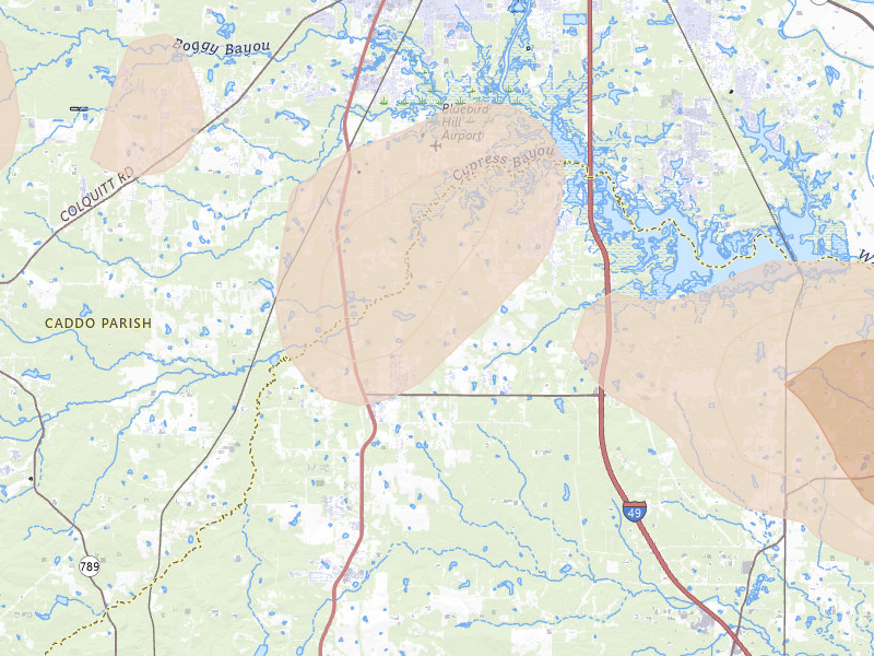Radar-estimated hail-size map of the storm over Stonewall, LA on Jul 6, 2026