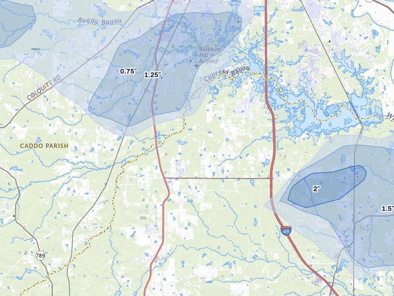 NEXRAD radar-signature map of the hail storm over Stonewall, LA on Jul 6, 2026
