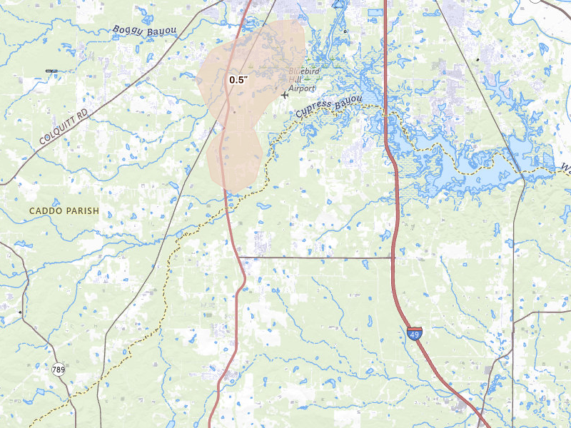 Radar-estimated hail-size map of the storm over Stonewall, LA on Aug 22, 2026