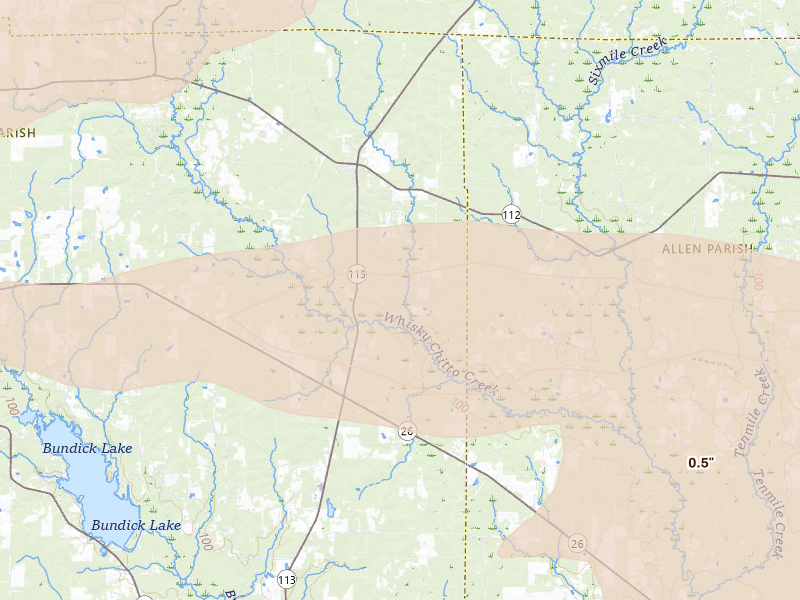 Radar-estimated hail-size map of the storm over Sugartown, LA on Mar 15, 2026