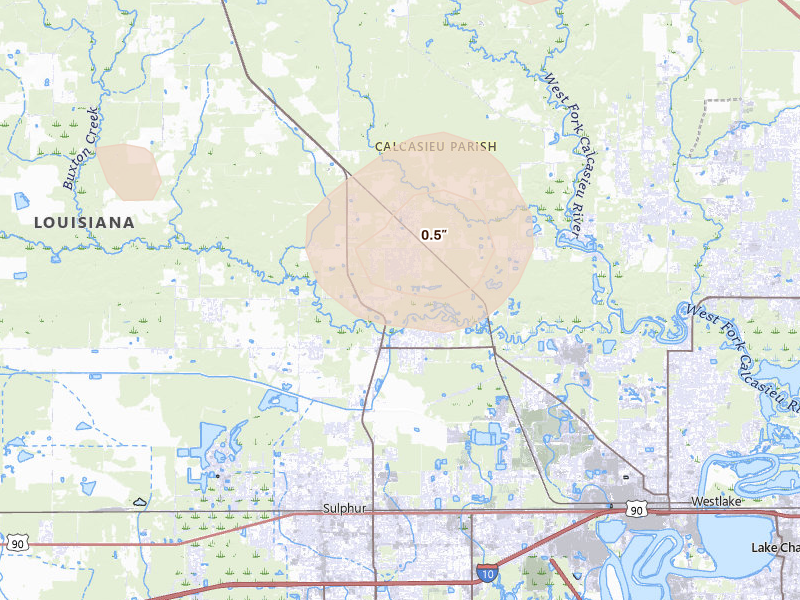 Radar-estimated hail-size map of the storm over Sulphur, LA on Jul 5, 2026