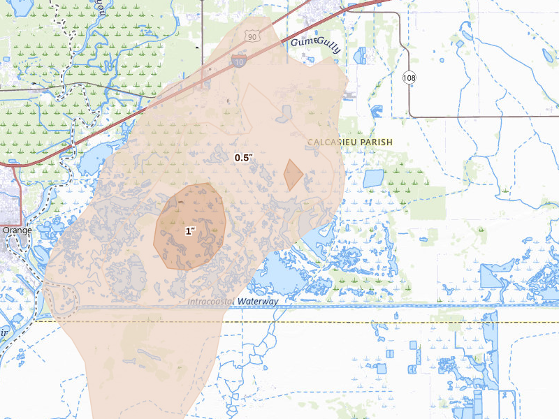 Radar-estimated hail-size map of the storm over Sulphur, LA on Jul 22, 2026
