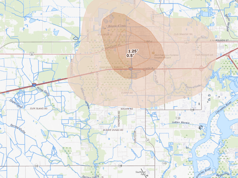 Radar-estimated hail-size map of the storm over Sulphur, LA