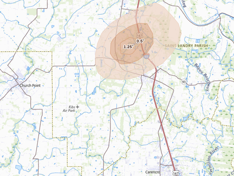 Radar-estimated hail-size map of the storm over Sunset, LA on May 10, 2026