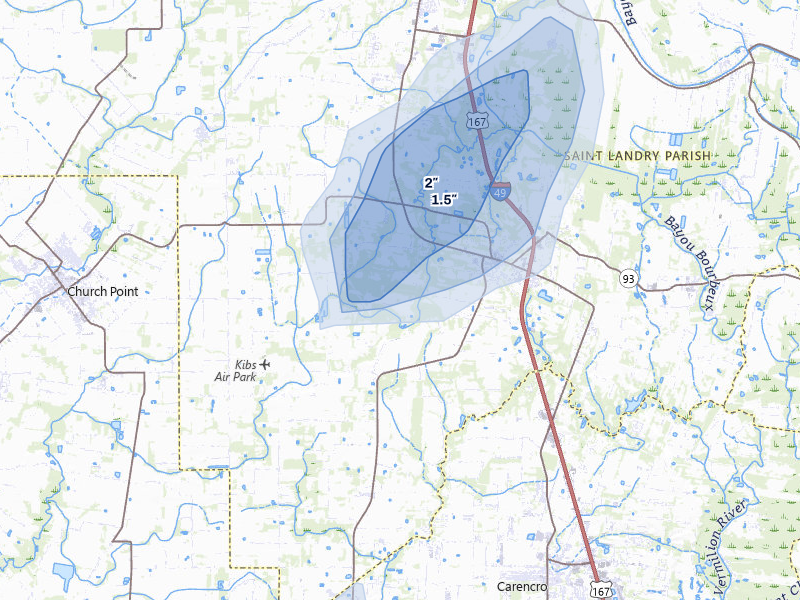 NEXRAD radar-signature map of the hail storm over Sunset, LA on May 10, 2026