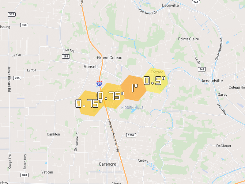 Hail map of Sunset, LA on Jul 7, 2026, hail up to 1"
