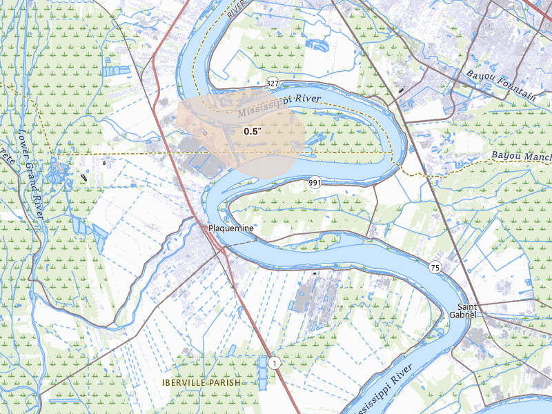Radar-estimated hail-size map of the storm over Sunshine, LA on May 8, 2026