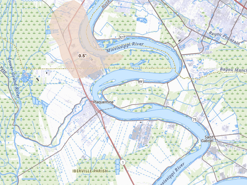 Radar-estimated hail-size map of the storm over Sunshine, LA on Jul 5, 2026