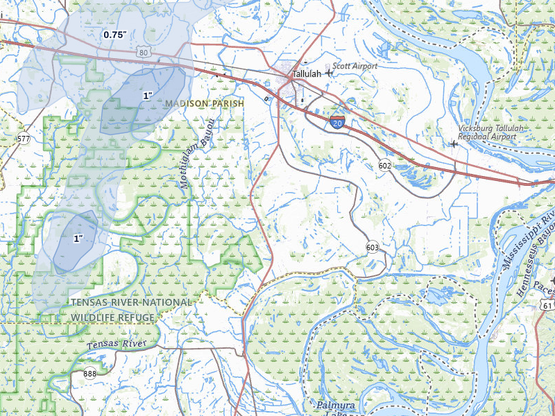 NEXRAD radar-signature map of the hail storm over Tallulah, LA on Mar 7, 2026