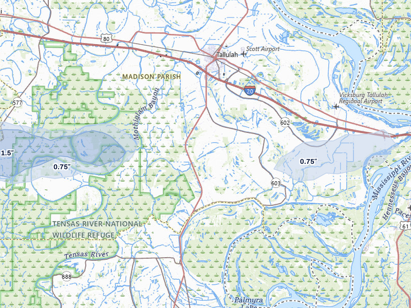 NEXRAD radar-signature map of the hail over Tallulah, LA