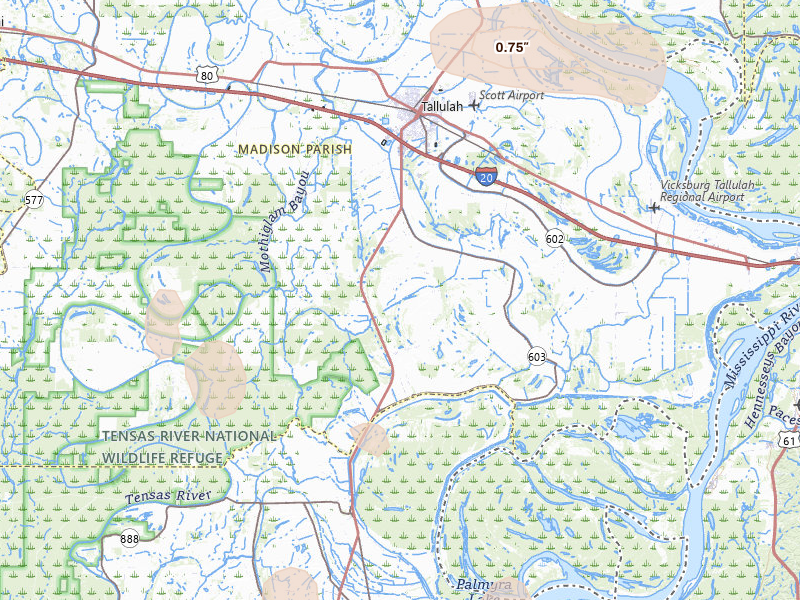 Radar-estimated hail-size map of the storm over Tallulah, LA on Apr 25, 2026